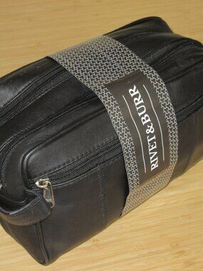 Men's Rivet & Burr Leather Double Zip Top Shaving Kit Toiletry Travel Case Black